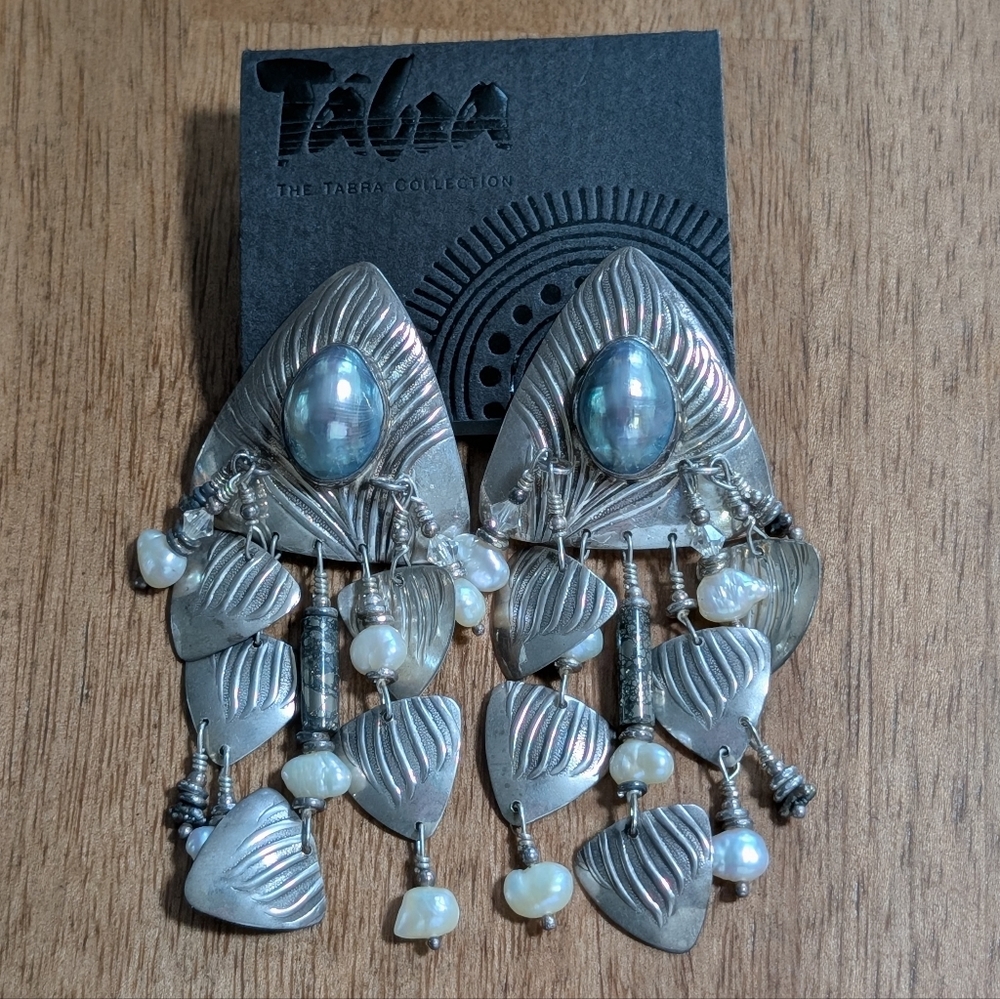 Vintage Tabra Sterling Silver Dangle Earrings Fresh Water & Osmena Pearls Signed